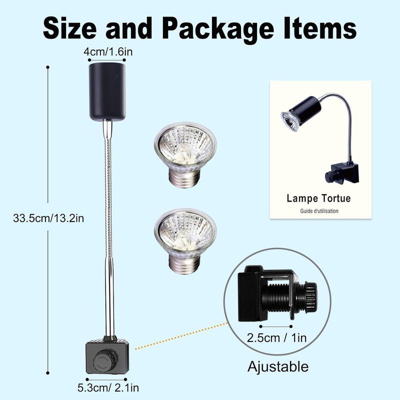 PewinGo Reptile Heat Lamp, UVA UVB Light for Aquarium Turtle Tank, with 2 * 50w Basking Bulb and 360° Swivel Clamp Stand for Tortoise, Snake, Frog, Lizard, Cockatoo, Chameleon. Halogen, Yellow Light - Image 5